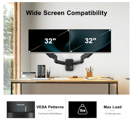 Suport de Perete Dublu pentru Monitoare 17–32” – Braț Articulat cu Gaz, VESA 75/100 mm, Capacitate 3–8 kg per Monitor, Rotire 360°, Reglabil pe Înălțime- Resigilat [1]