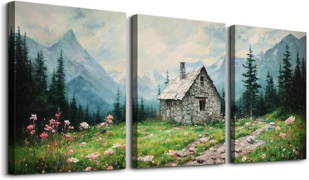 Paturi si cuverturi - Set 3 tablouri pe pânză pentru perete, peisaj cabană la munte, flori de câmp, decor natură pentru living, dormitor sau birou