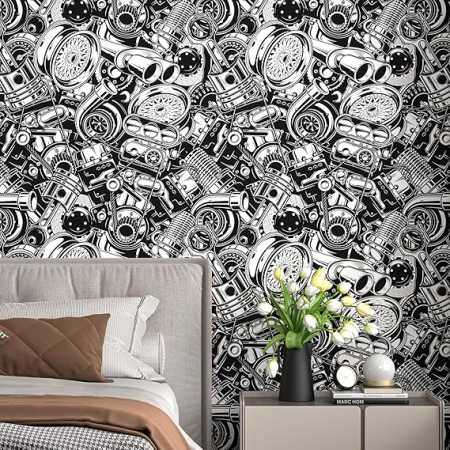 Tapet autoadeziv industrial negru-alb, stil gotic, pentru camera baieti, 44.5 x 300 cm, vinil impermeabil pentru mobilier si pereti [4]