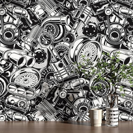 Accesorii pentru gradina - Tapet autoadeziv industrial negru-alb, stil gotic, pentru camera baieti, 44.5 x 300 cm, vinil impermeabil pentru mobilier si pereti