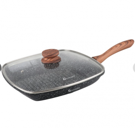 Tigai si seturi - Tigaie grill aluminiu turnat, 28x4.5 cm, capac termorezistent, acoperire ceramica, maner soft touch, inductie, Goldmann
