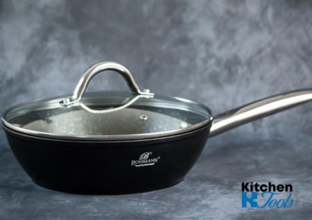 Tigai si seturi - Tigaie inalta din aluminiu forjat, maner inox, interior marmorat cu capac, Bohmann, 24x7cm