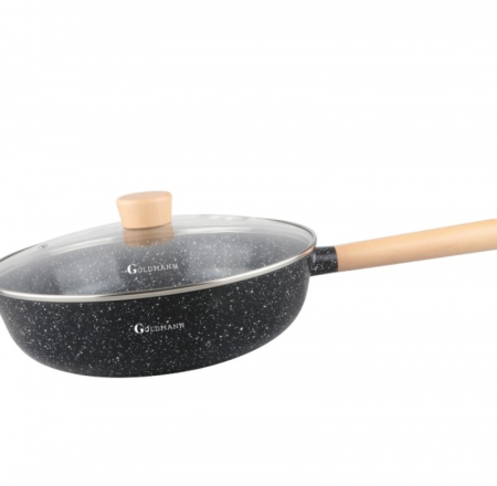 Tigai si seturi - Tigaie Wok aluminiu turnat, 30x8.5 cm, Goldmann, capac termorezistent, acoperire ceramica, maner soft touch