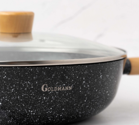 Tigaie Wok aluminiu turnat, 30x8.5 cm, Goldmann, capac termorezistent, acoperire ceramica, maner soft touch [8]