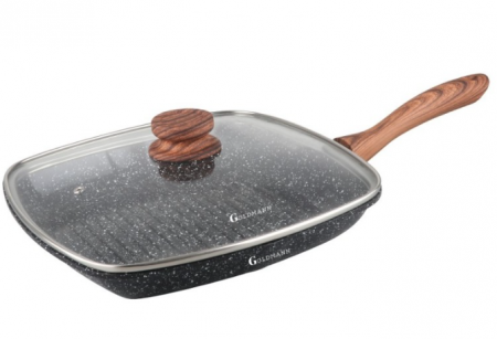 Tigai si seturi - Tigaie grill aluminiu turnat, 24x4.5 cm, capac termorezistent, acoperire ceramica, maner soft touch, inductie, Goldmann