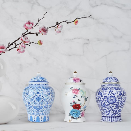 Vaza decorativa ceramica cu capac Yunjuhop Chinoiserie, 19 cm, model Lotus, alb-albastru [1]
