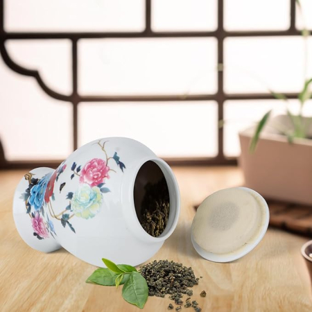 Vaza decorativa ceramica cu capac Yunjuhop Chinoiserie, 19 cm, model Lotus, alb-albastru [5]