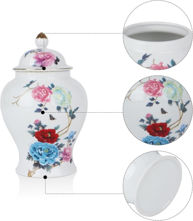 Vaza decorativa ceramica cu capac Yunjuhop Chinoiserie, 19 cm, model Lotus, alb-albastru [2]