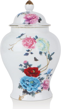 Paturi si cuverturi - Vaza decorativa ceramica cu capac Yunjuhop Chinoiserie, 19 cm, model Lotus, alb-albastru
