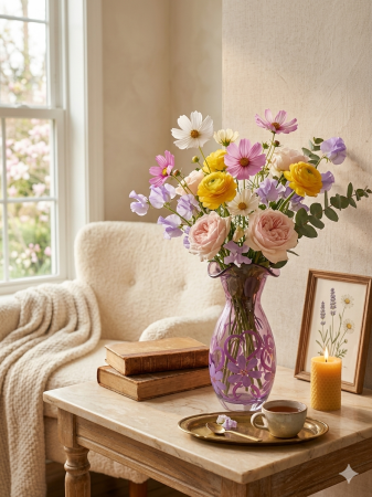 Vaza decorativa din sticla Mother Purple Floral, 22 cm, design pictat cu flori mov, forma eleganta cu margine ondulata [1]