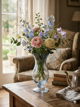 Vaza decorativa din sticla Mother Blur cu picior, 23 cm, model floral gravat, design elegant transparent [2]