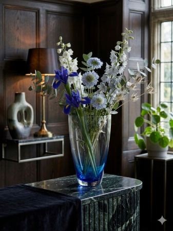 Vaza decorativa din sticla albastra, forma conica, 29 cm inaltime, 17 cm diametru, vaza flori, design modern [1]