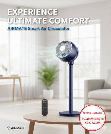 Lichidare Stoc - Ventilator cu Picior AIRMATE Turbo, Silentios 25 dB, 12 Trepte Viteza, Telecomanda, Oscilant, Inaltime Reglabila, Timer, Negru