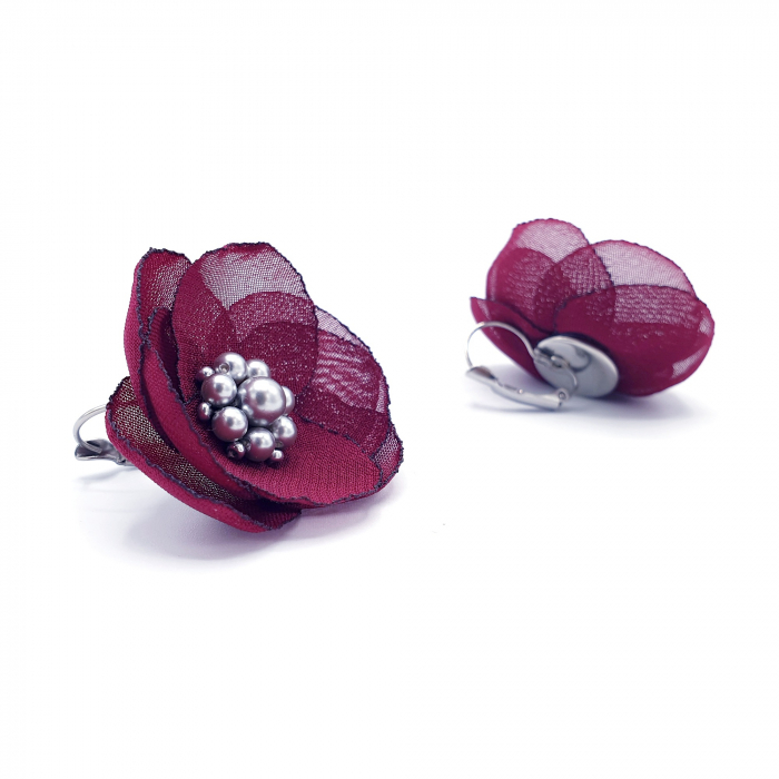 cercei-tortite-floare-burgundy-mijloc-argintiu-perle [2]