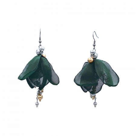 BIJUTERII SI ACCESORII - cercei-lungi-material-textil-voal-verde-inchis