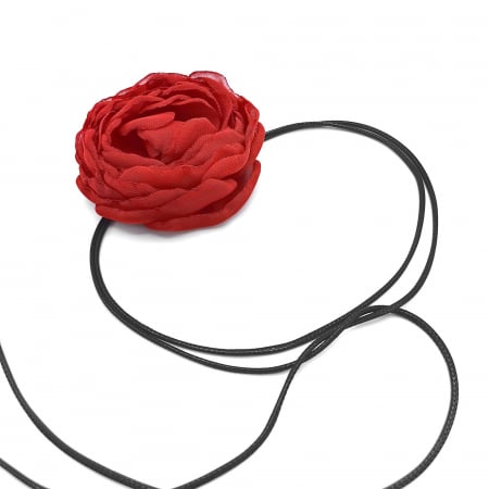 Coliere - colier-choker-floare-trandafir-voal-rosu-snur