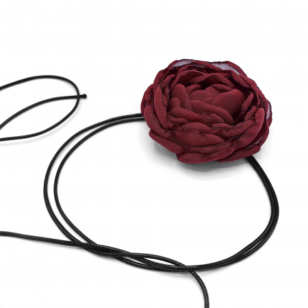 Coliere - colier-choker-floare-trandafir-voal-grena-bordo-snur