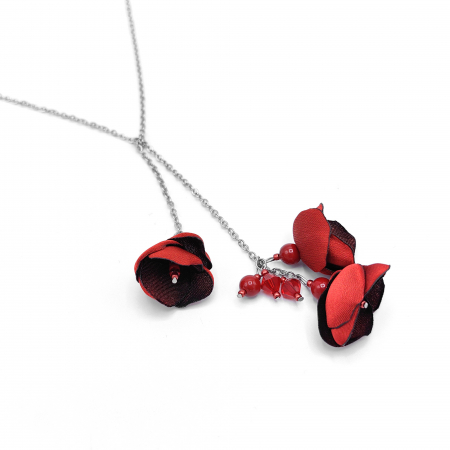 BIJUTERII SI ACCESORII - colier-flori-matase-satinata-rosu-perle-inox