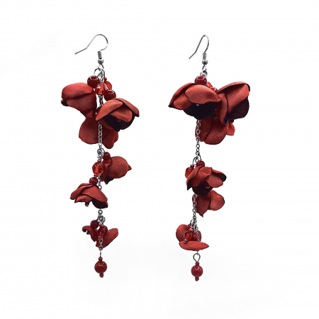 BIJUTERII SI ACCESORII - cercei-candelabru-foarte-lungi-flori-matase-rosu