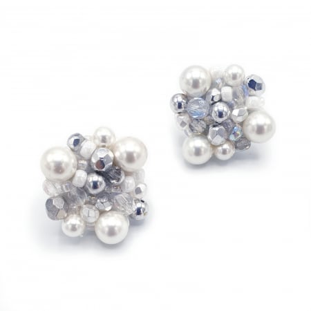 Little White Silver Drops | Cercei albi argintii rotunzi cu perle Mallorca