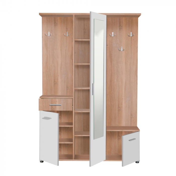 Cuier hol Calista cu 10 agățători, oglindă, dulap și comodă, stejar sonoma + alb cu 3 uși ,134x200cm [2]