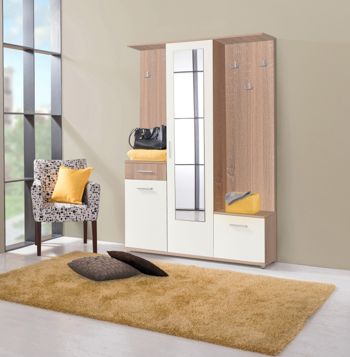 Cuier hol Calista cu 10 agățători, oglindă, dulap și comodă, stejar sonoma + alb cu 3 uși ,134x200cm [3]