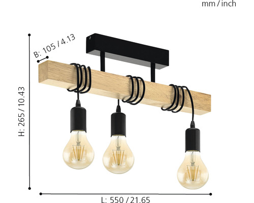 Lustră 3x60W, negru/lemn [5]