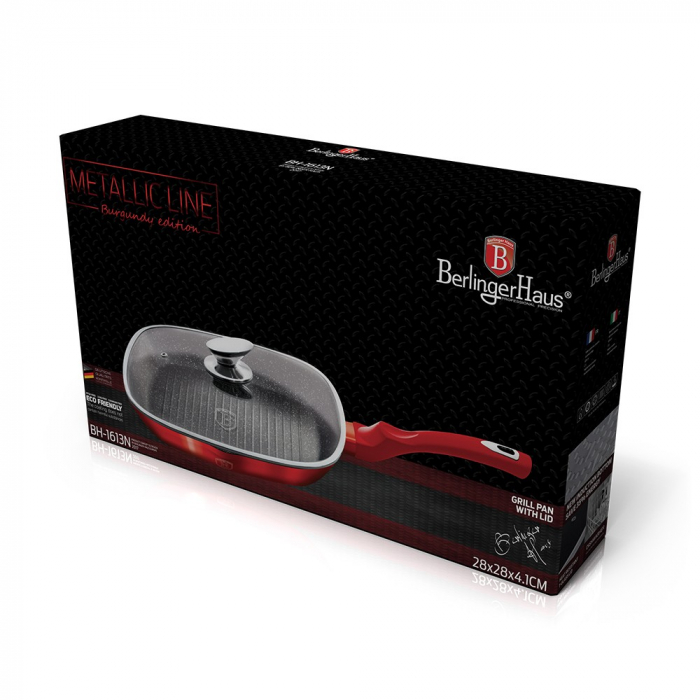 Tigaie pentru grill, Berlinger Haus, aluminiu forjat, rosie, cu capac din sticla termorezistenta, D 28 cm [2]