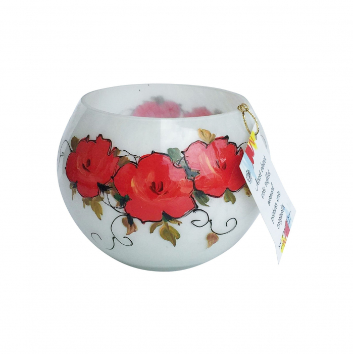 Vază decorativă, sticlă pictată manual , alb, model trandafiri, 14 x 10 cm [1]