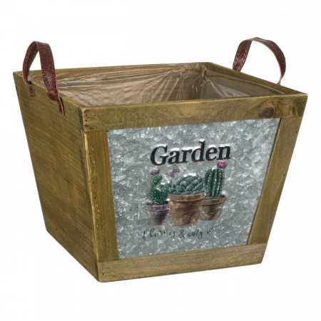 Decorațiuni pentru Gradină - Ghiveci din metal și lemn cu mânere 26x26x20 cm