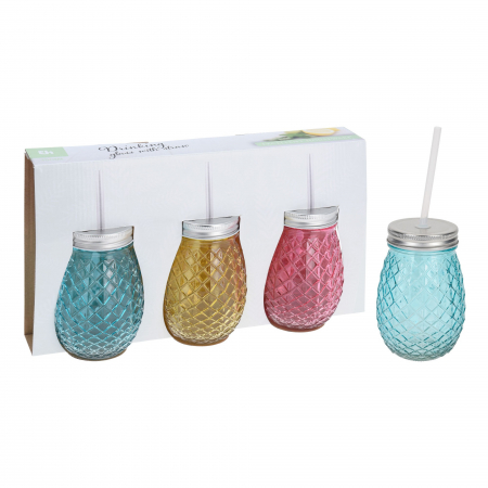 Pahare - Pahar cu pai pentru apă / suc, sticlă, 350 ml, set 3 bucăți