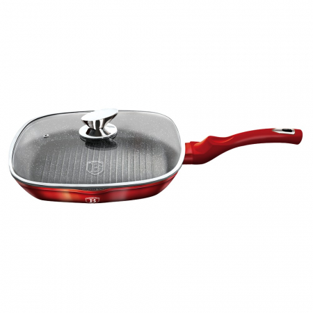 Tigaie pentru grill, Berlinger Haus, aluminiu forjat, rosie, cu capac din sticla termorezistenta, D 28 cm [0]