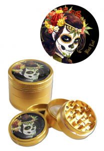 Grindere tutun si ierburi - Grinder metalic 'Black Leaf' Mexican Skull, 4 parti, Ø50mm