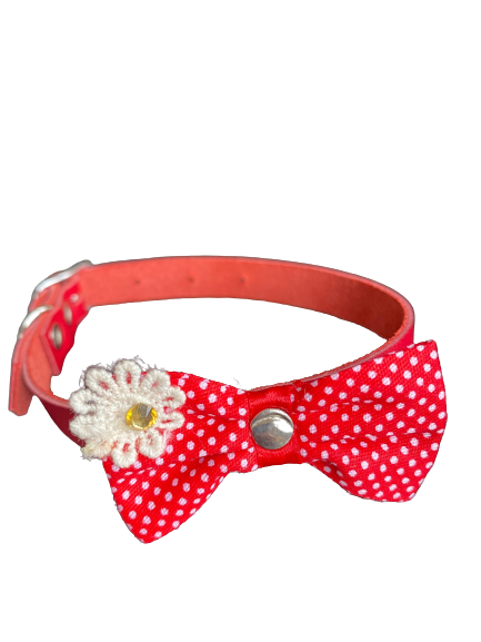 Zgarda Piele Naturala 10 mm x 31 cm, cu Fundita, cu Buline si Floare, Rosu [1]