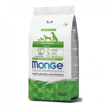 Hrana Uscata pentru Caini - 1114 MONGE DOG ALL BRE.ADULT IEPURE/OREZ/ CARTOF 2.5 KG 
