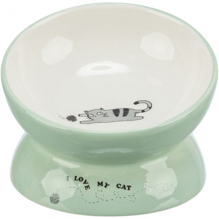 Castroane pentru Mancare si Apa Pisici - Castron Ceramic Pentru Pisici, Ridicat, Forma Ergonomica, 0.15 l/Ã¸ 13 cm, Verde Salvie/Alb, 24470