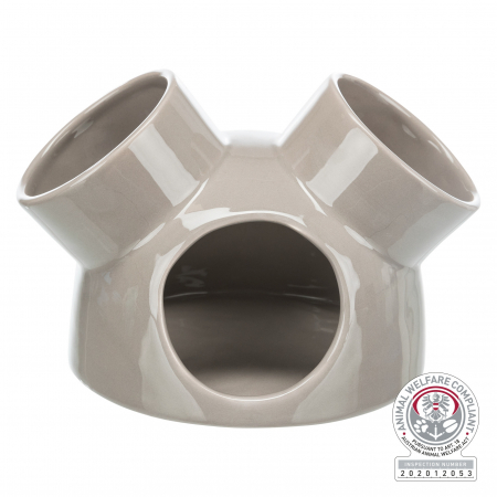 Custi si Accesorii - (-25%) Casuta Ceramica Pentru Rozatoare, Cu 3 Intrari, 16x12 cm, Gri, 61364
