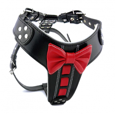 Hamuri pentru Caini - Ham Bowtie-Papion, Piele Naturala, Negru/Rosu, pentru Labrador, Doberman, Bulldog etc
