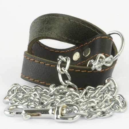 Lese pentru Caini - Lesa lant 4 mm/1,20 m & maner piele negru