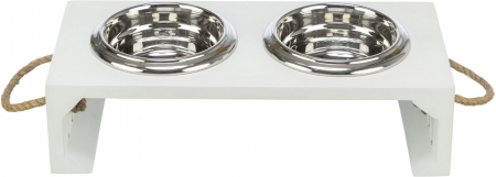 Castroane pentru Mancare si Apa Caini - Set 2 Castroane Inox Cu Suport Lemn MDF, Be Nordic, 2x0.4 l/14 cm/38x18x10 cm, Alb, 24835