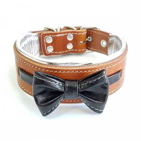 Zgarzi pentru Caini - Zgarda Bowtie-Papion, Piele Naturala, Maro/Negru, pentru St Bernard, Husky, Bulldog etc