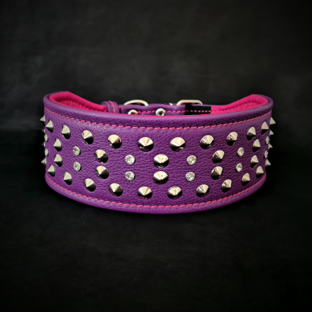 Zgarzi pentru Caini - Zgarda Crystal, Piele Naturala, Violet/Roz, pentru St Bernard, Cane Corso, Labrador etc