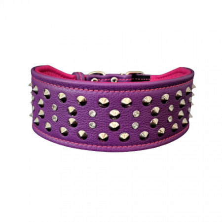 Produse pentru Caini - Zgarda Crystal, Piele Naturala, XL, Violet/Roz