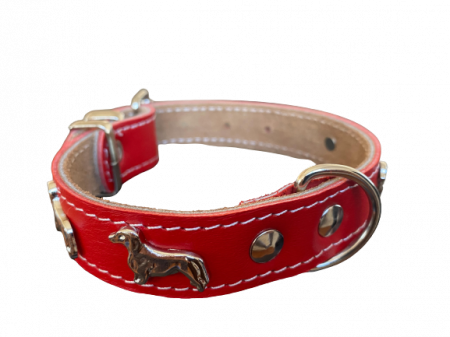 Produse pentru Caini - Zgarda Piele Natuala Rosie cu Accesorii Teckel, 25 mm x 40 cm