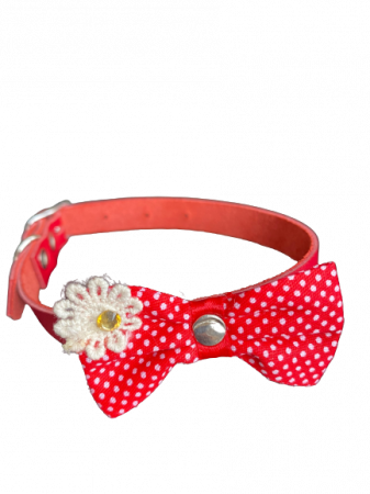 Zgarzi, Lese si Hamuri pentru Pisici - Zgarda Piele Naturala 10 mm x 31 cm, cu Fundita, cu Buline si Floare, Rosu