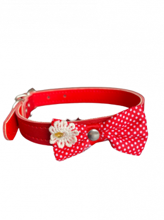Zgarzi, Lese si Hamuri pentru Pisici - Zgarda Piele Naturala 15 mm x 37 cm, cu Fundita, cu Buline si Floare, Rosu