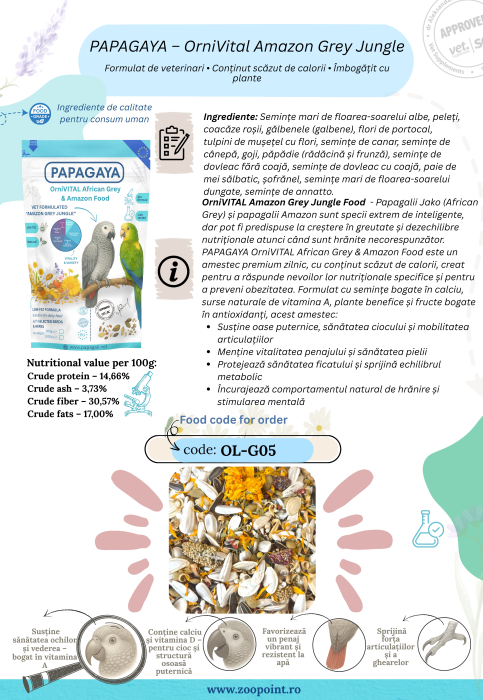 Papagaya OrniVital Amazon Grey Jungle Hrana Low Fat pentru Papagali de Talie Mare [3]