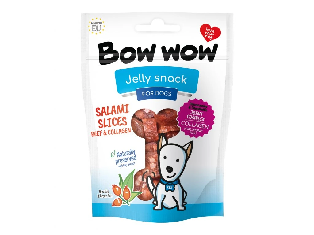 Recompense si Delicii pentru Caini - Bow Wow Recompense pentru Caini Felii de Salam cu Vita si Colagen 80 Gr