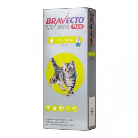 Antiparazitare - Bravecto Plus Spot On Antiparazitar Intern si Extern pentru Pisici 1 Pipeta (1.2 - 2.8 Kg)