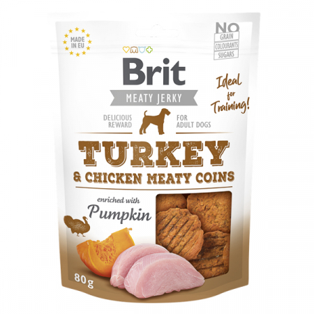 Recompense si Delicii pentru Caini - Brit Dog Adult Jerky Snack Meaty Coins Curcan si Pui